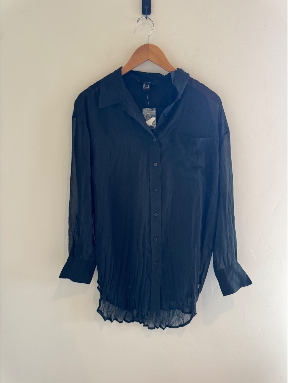 Forever 21 Black Sheer Button Down Blouse Long Sleeve Size Small